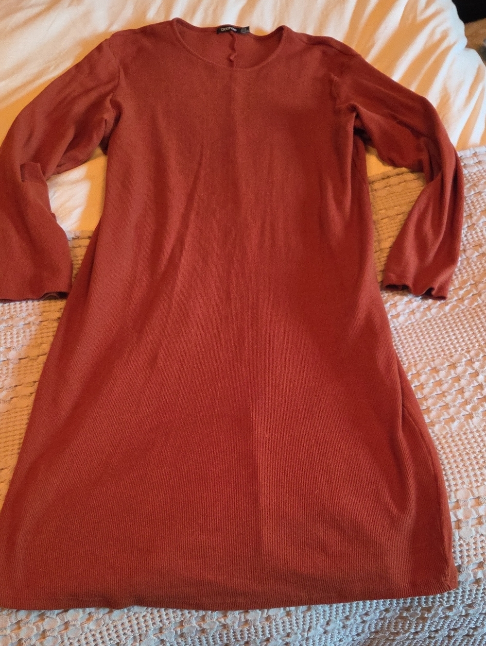 Boohoo Rust-Red Knit Long-Sleeve Dress